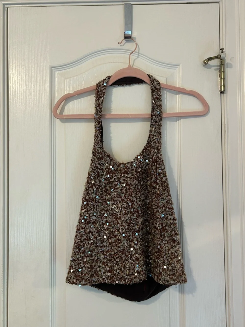 Siedres Juli Fitted Sequin Halter Tank Top in Brown - Picture 1 of 5